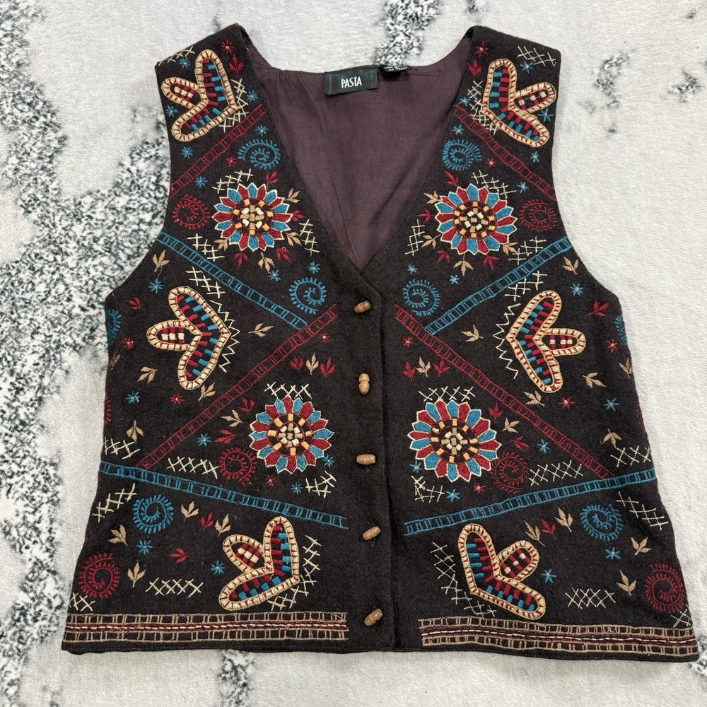 Vintage Pasta Embroidered Vest‎ Womens M Floral Folk Art Festival Waistcoat